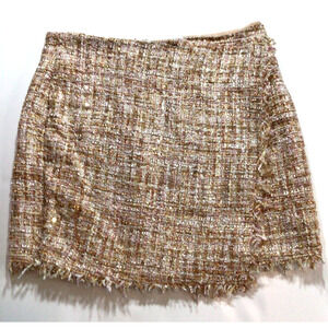 Forever 21 Faux Wrap Tweed Lined Skirt, White,Pink,Gold Size L